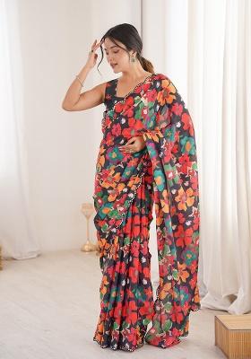 Black Mirror Work Silk Saree Set