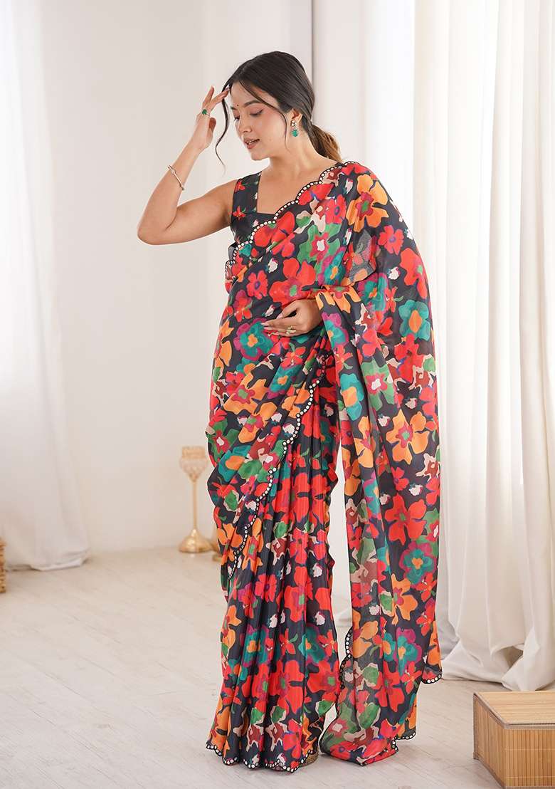 Black Chinon Blend Saree Set with Mirror Work for Diwali | Wedding & Festive Wear - Indya