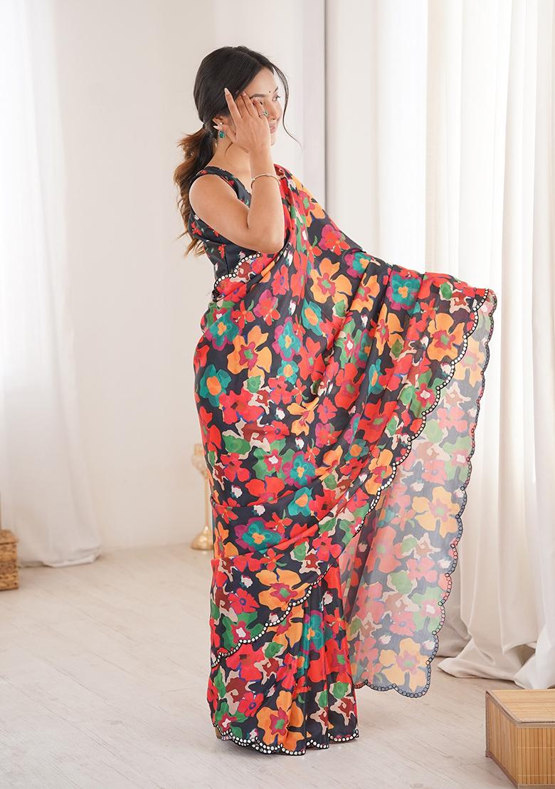 Black Mirror Work Silk Saree Set - Indya