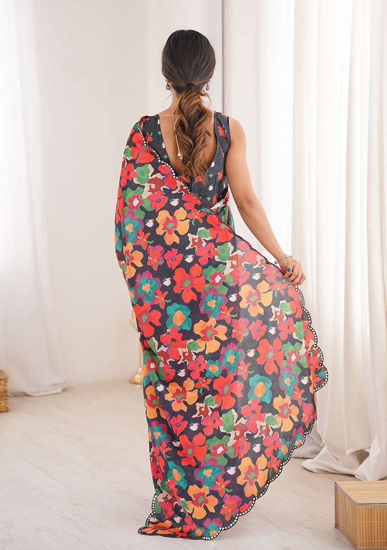 Black Chinon Blend Saree Set with Mirror Work for Diwali | Wedding & Festive Wear - Indya