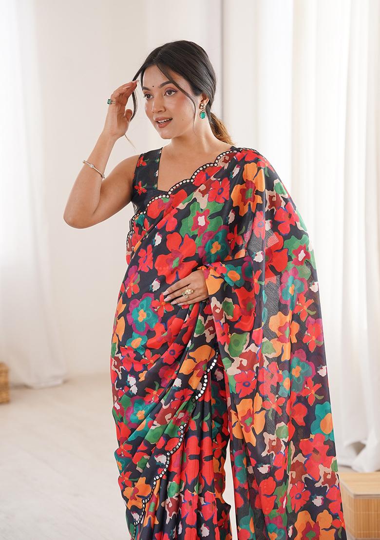 Black Mirror Work Silk Saree Set - Indya