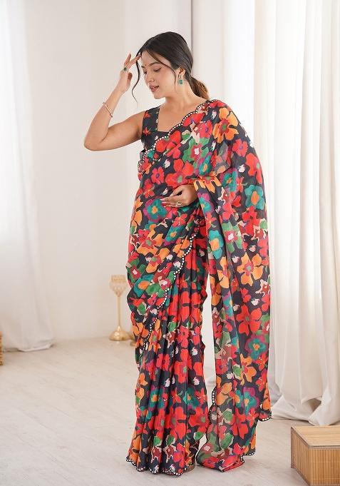 Black Mirror Work Silk Saree Set