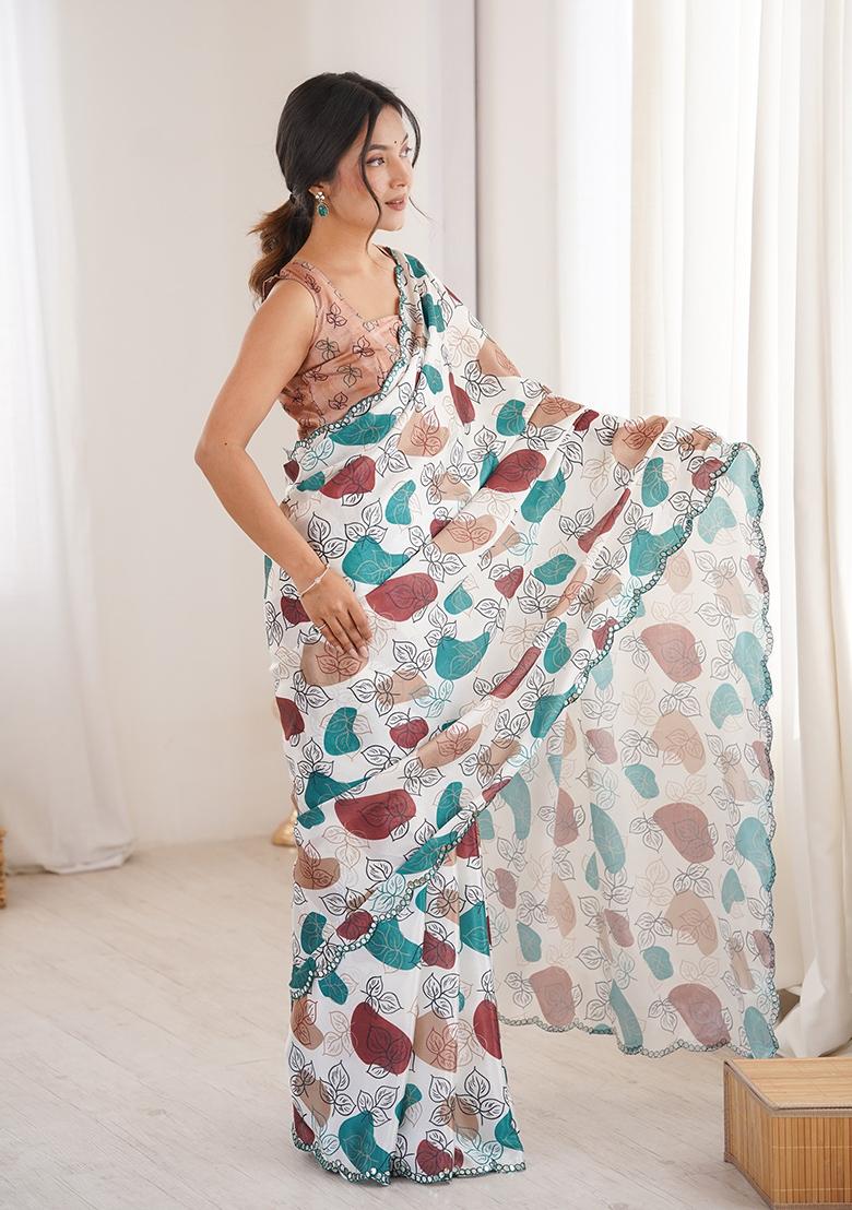 White Mirror Work Silk Saree Set - Indya