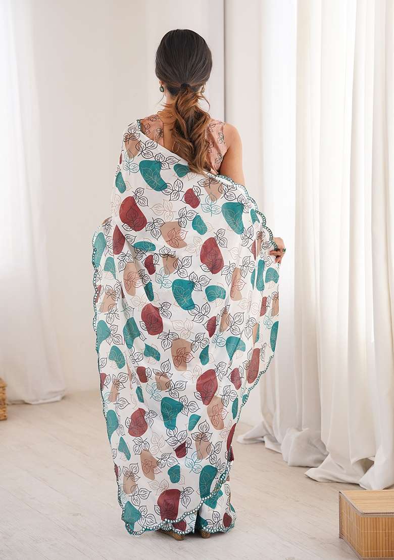 White Mirror Work Chinon Blend Saree Set for Diwali and Festive Wear - Indya