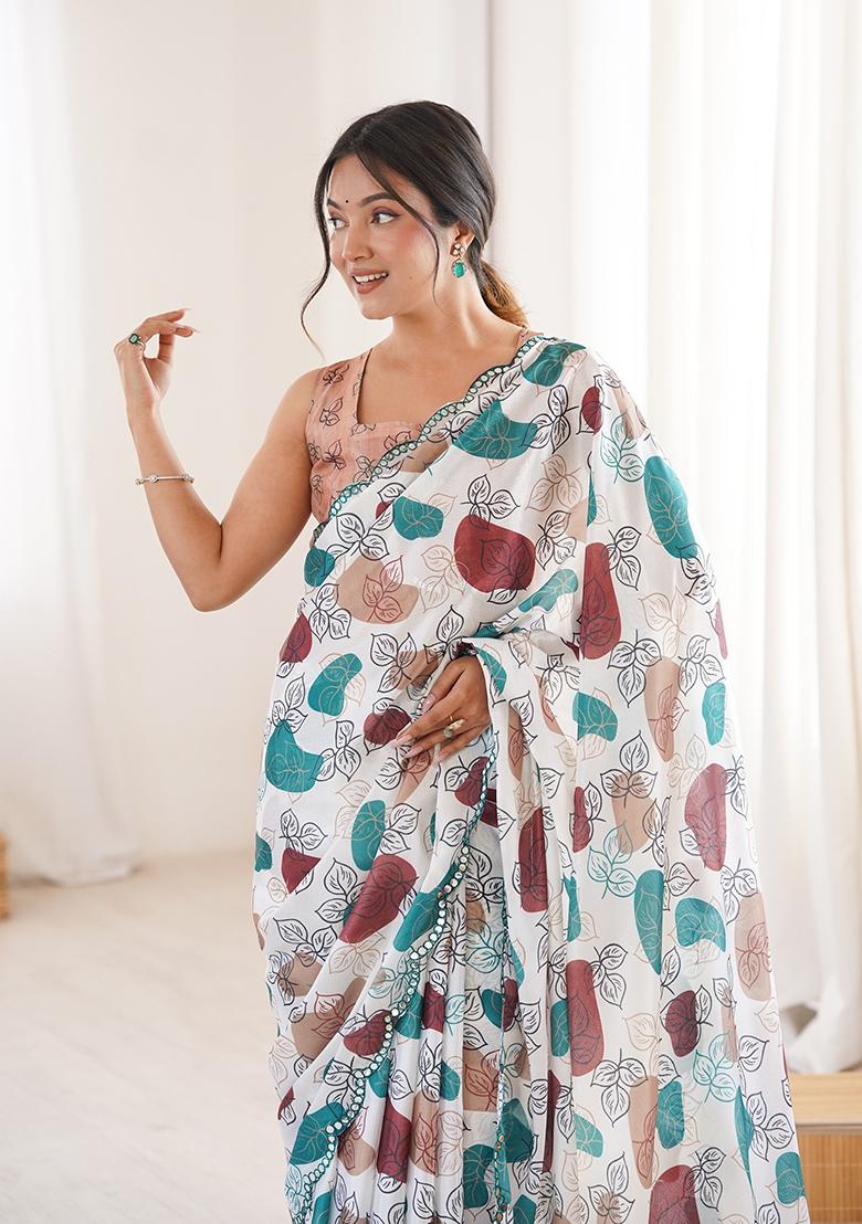 White Mirror Work Silk Saree Set - Indya