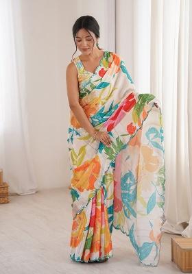 Off White Mirror Work Silk Saree Set