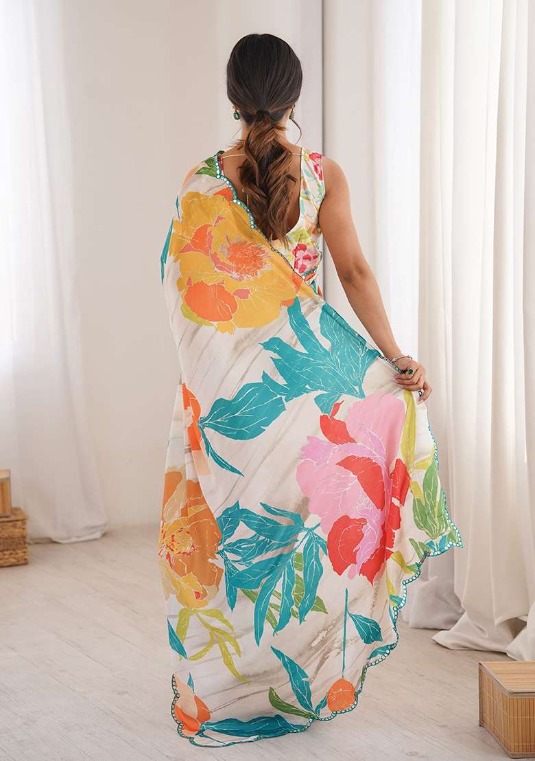 Off White Chinon Blend Saree Set with Mirror Work for Diwali | Wedding & Festive Wear - Indya