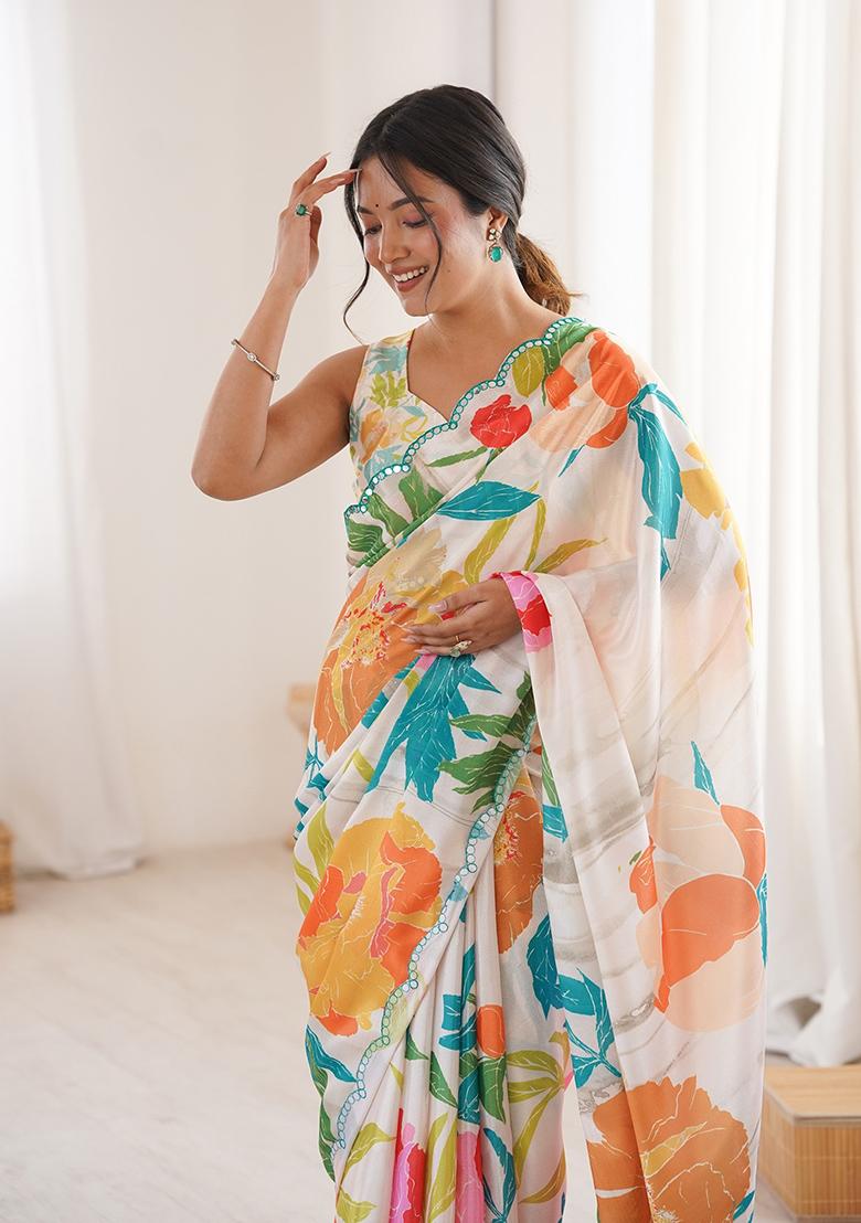 Off White Mirror Work Silk Saree Set - Indya