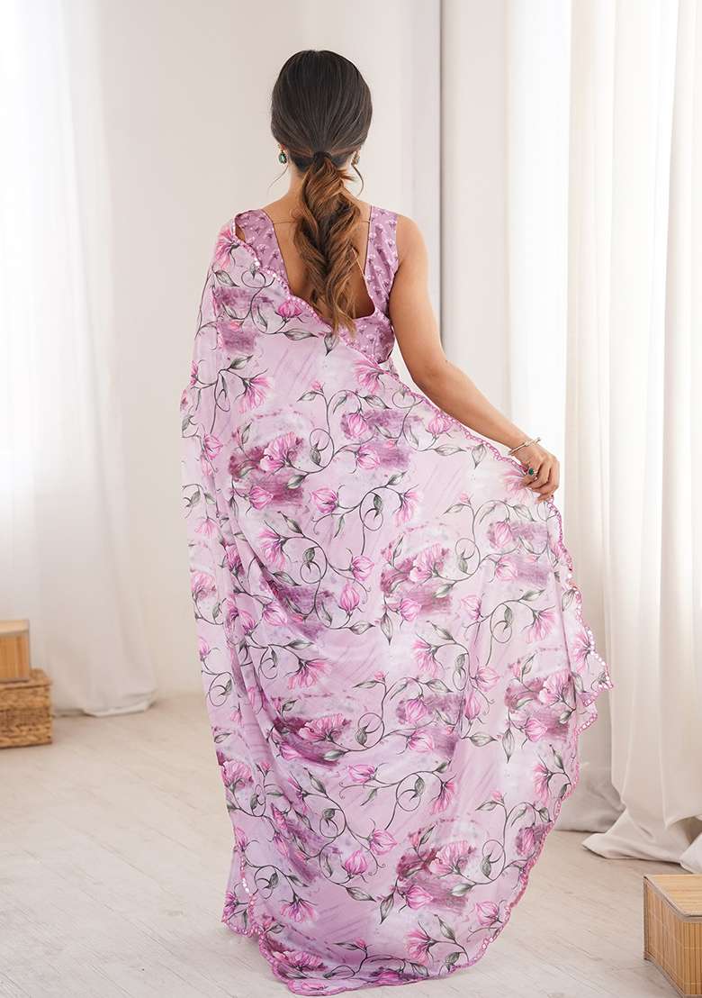 Lavender Chinon Blend Saree Set with Mirror Work for Diwali | Wedding & Festive Wear - Indya