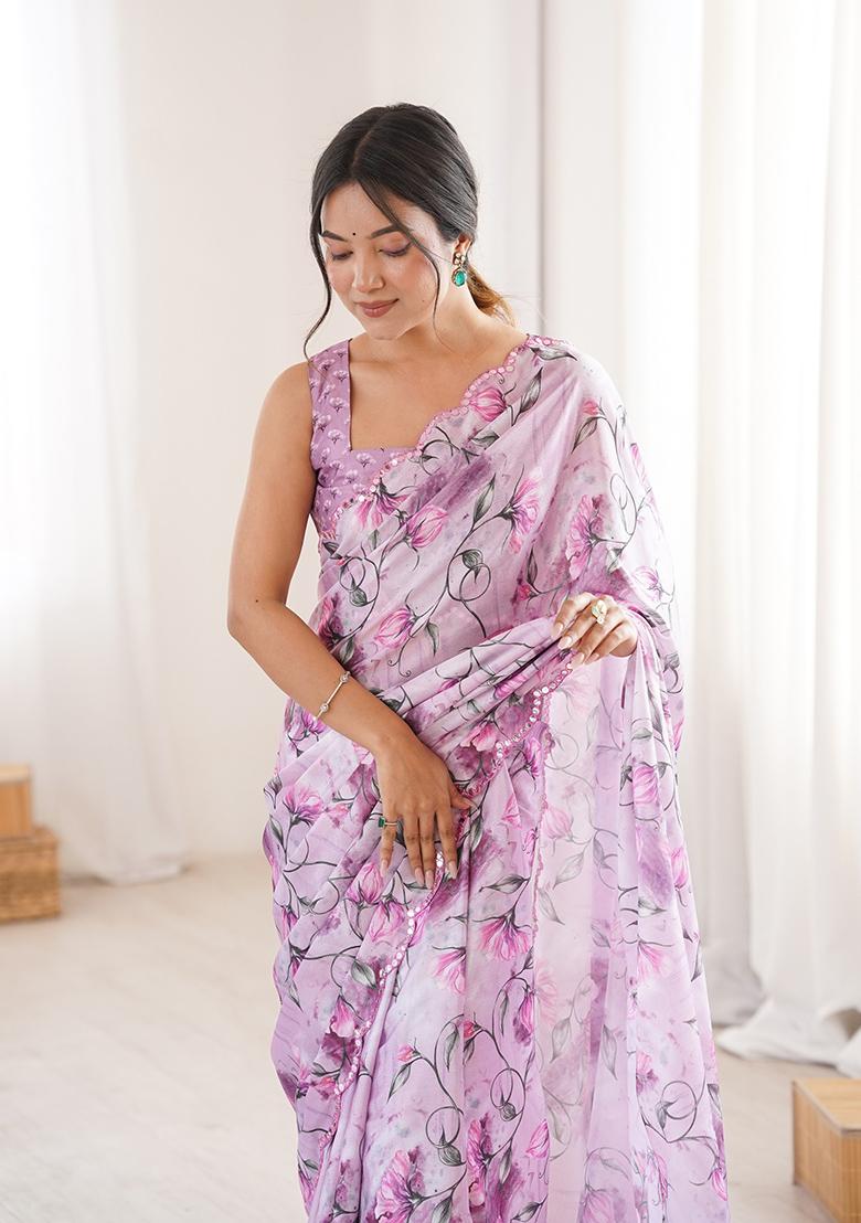 Lavender Mirror Work Silk Saree Set - Indya