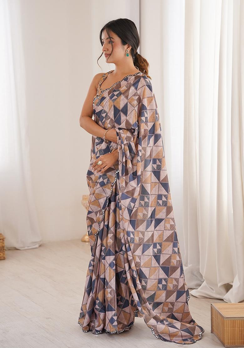 Beige Mirror Work Silk Saree Set - Indya