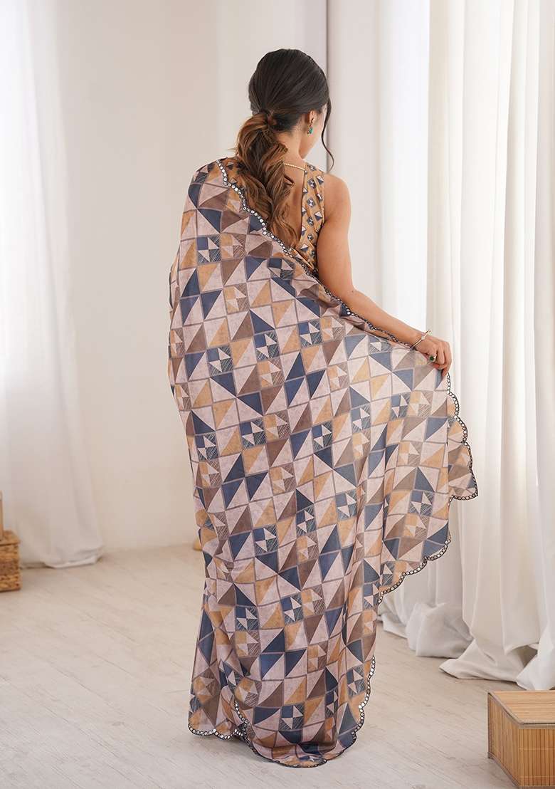 Beige Chinon Blend Saree Set with Mirror Work for Diwali | Wedding & Festive Wear - Indya