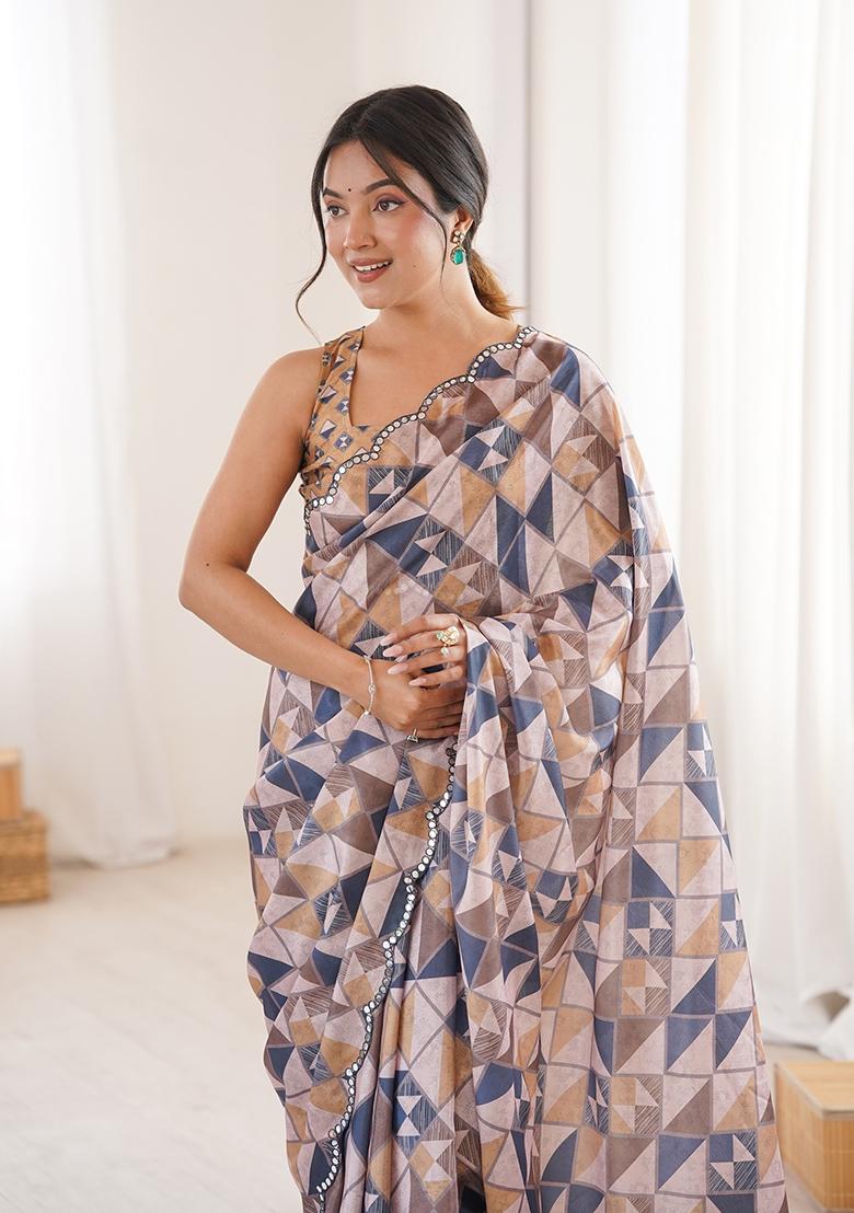 Beige Mirror Work Silk Saree Set - Indya