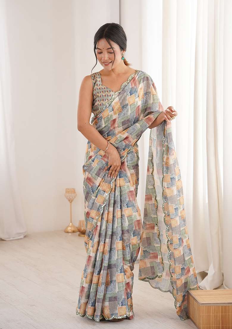 Light Green Chinon Blend Saree Set with Mirror Work for Diwali | Wedding & Festive Wear - Indya