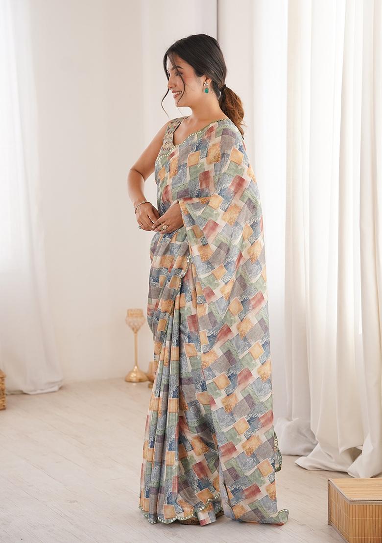 Light Green Mirror Work Silk Saree Set - Indya