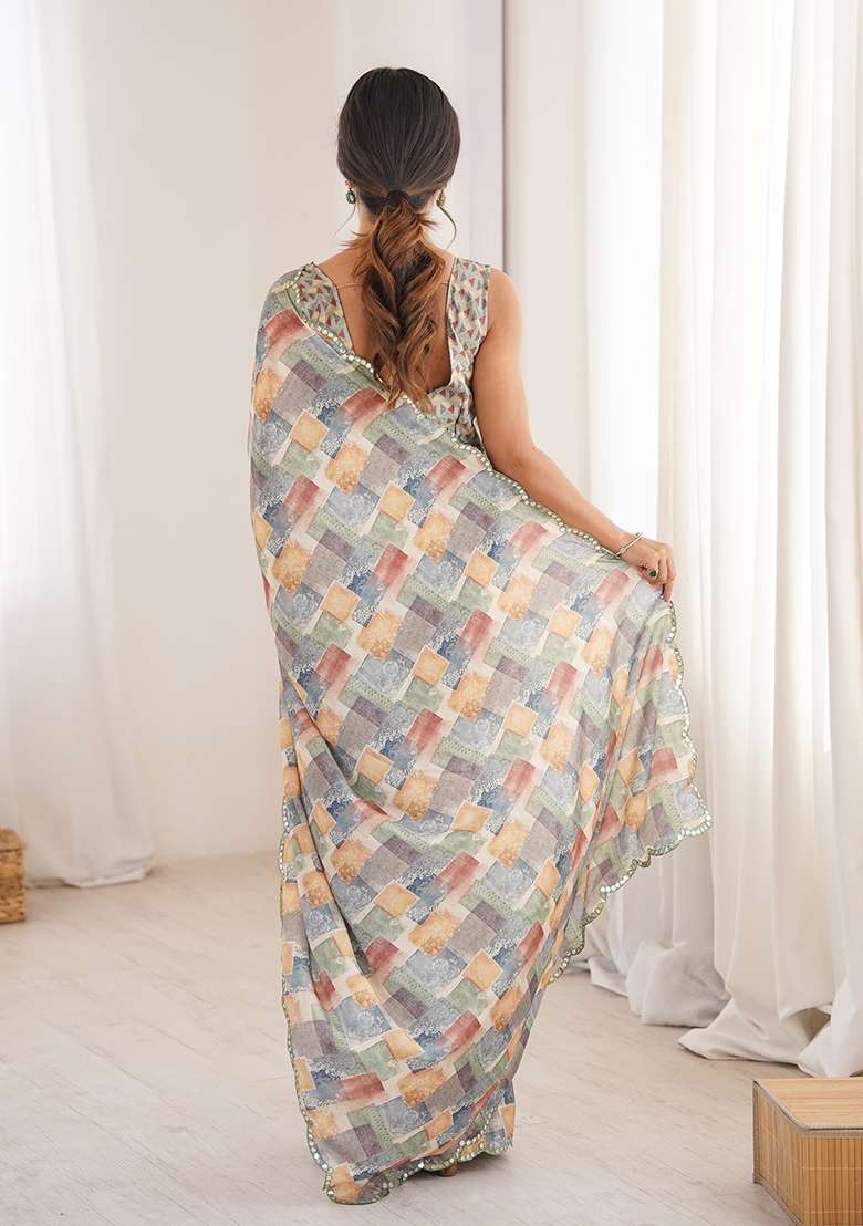 Light Green Chinon Blend Saree Set with Mirror Work for Diwali | Wedding & Festive Wear - Indya