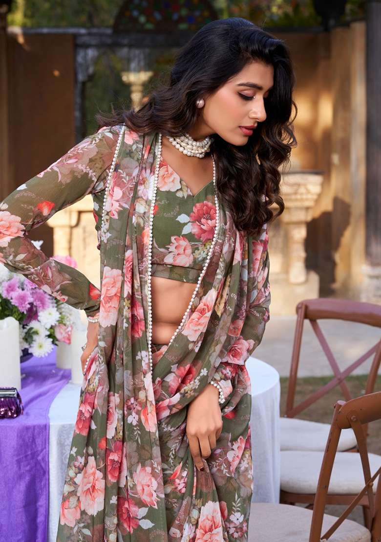 Mehendi Green Floral Georgette Saree Set for Diwali and Festive Wear - Indya