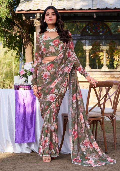 Mehendi Green Floral Georgette Saree Set
