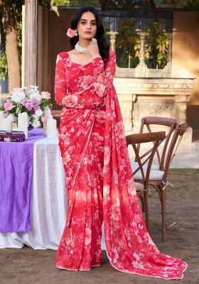 Red Floral Georgette Saree Set