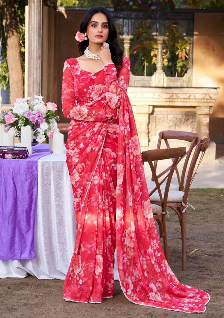 Red Floral Georgette Saree Set for Diwali and Festive Wear - Indya