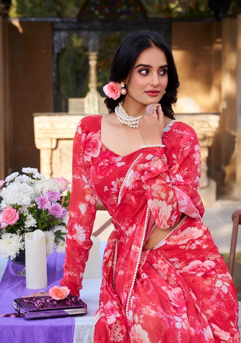 Red Floral Georgette Saree Set - Indya