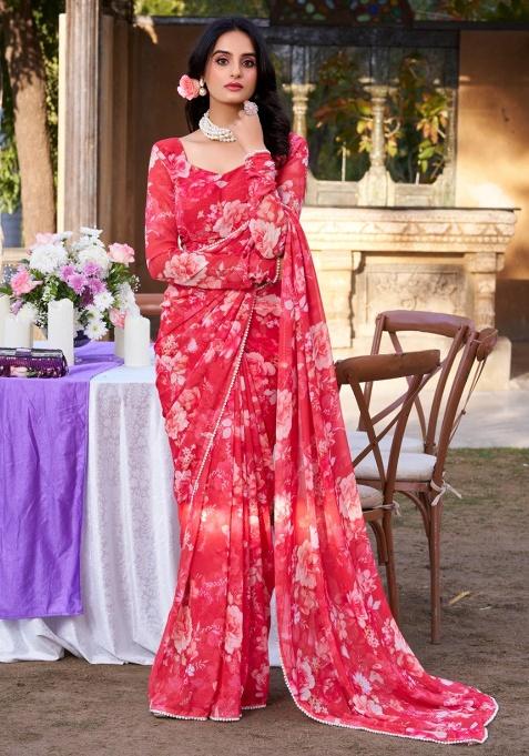 Red Floral Georgette Saree Set