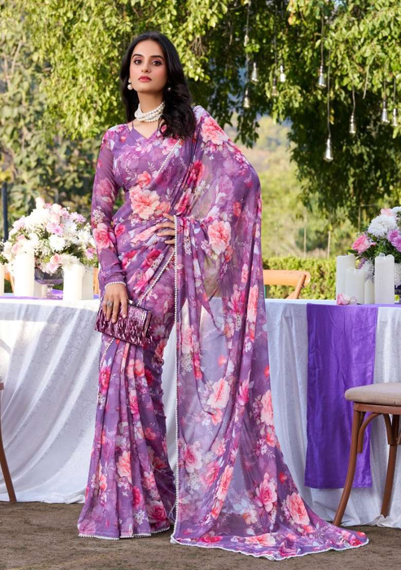 Wine Floral Georgette Saree Set for Diwali and Festive Wear - Indya