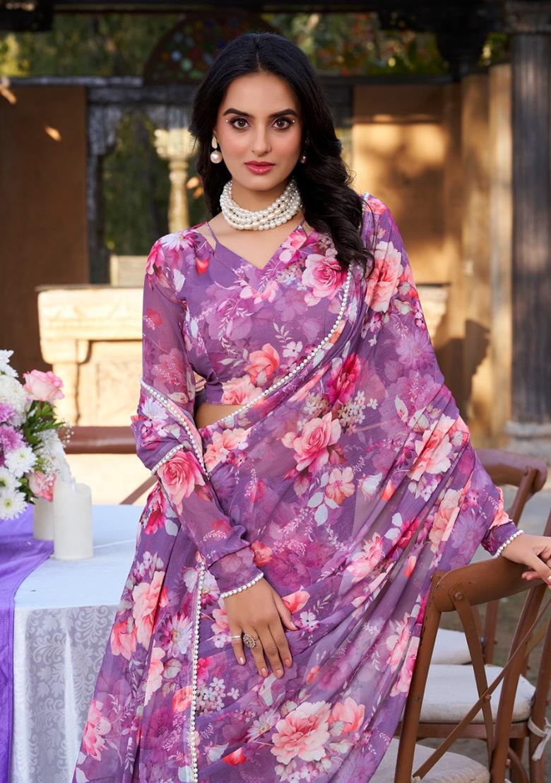 Wine Floral Georgette Saree Set - Indya