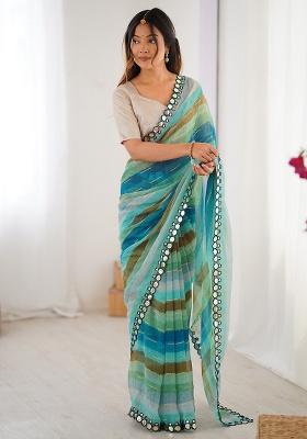 Blue Floral Georgette Saree Set