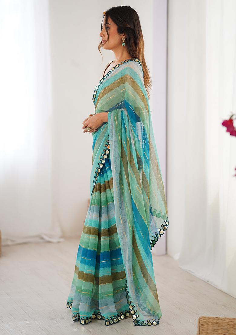 Blue Floral Georgette Saree Set - Indya