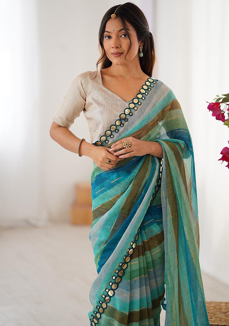 Blue Floral Georgette Saree Set - Indya