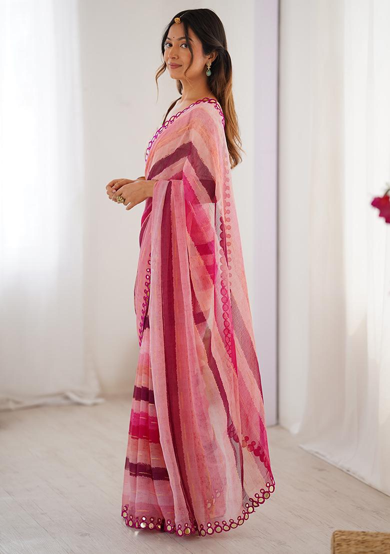 Pink Floral Georgette Saree Set - Indya