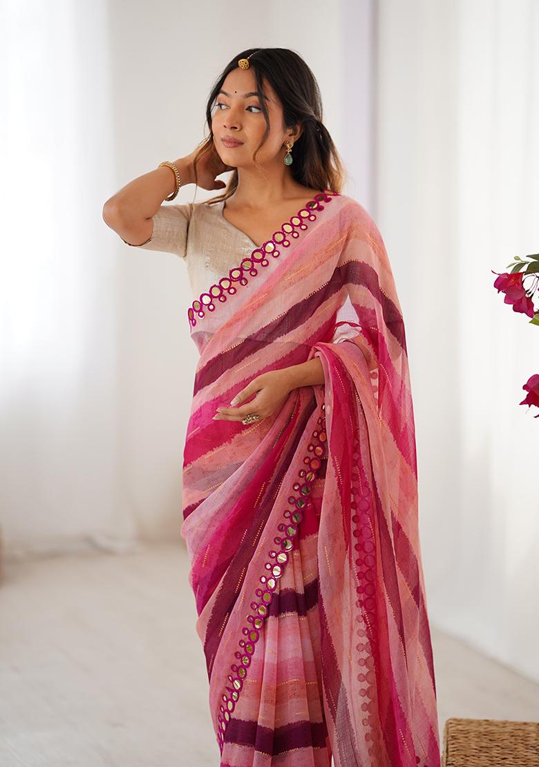 Pink Floral Georgette Saree Set - Indya