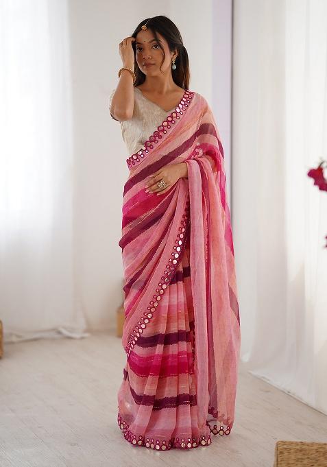 Pink Floral Georgette Saree Set