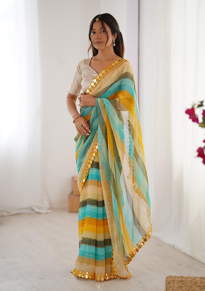 Yellow Floral Georgette Saree Set - Indya