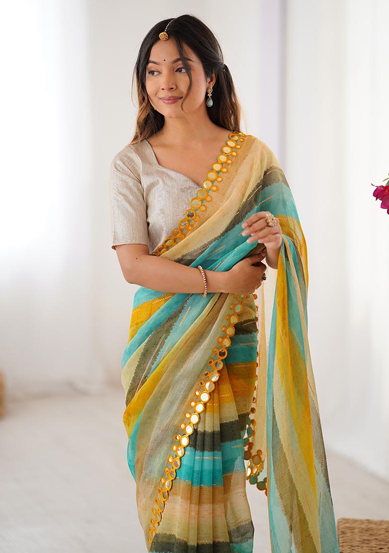 Yellow Floral Georgette Saree Set - Indya