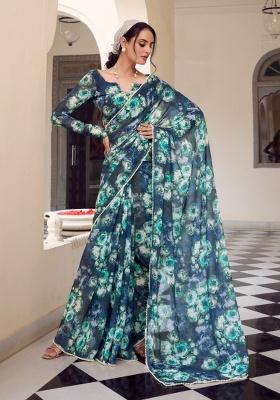 Blue Floral Georgette Saree Set