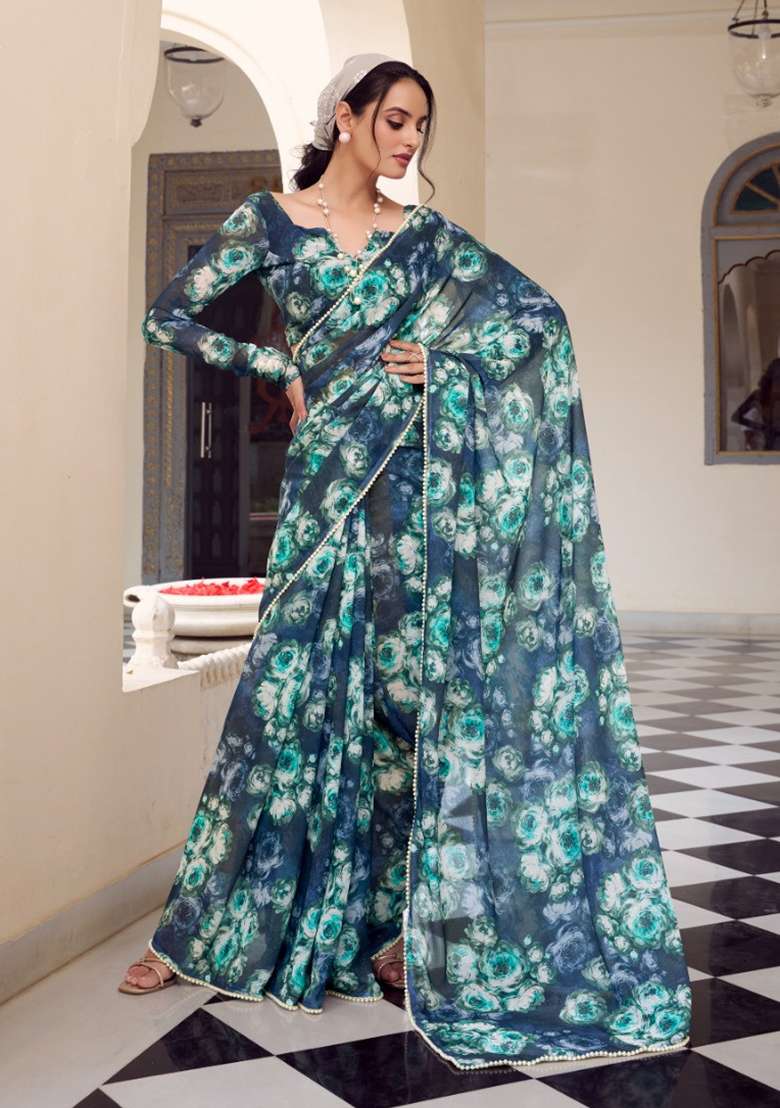 Blue Floral Georgette Saree Set for Diwali | Wedding & Festive Wear - Indya