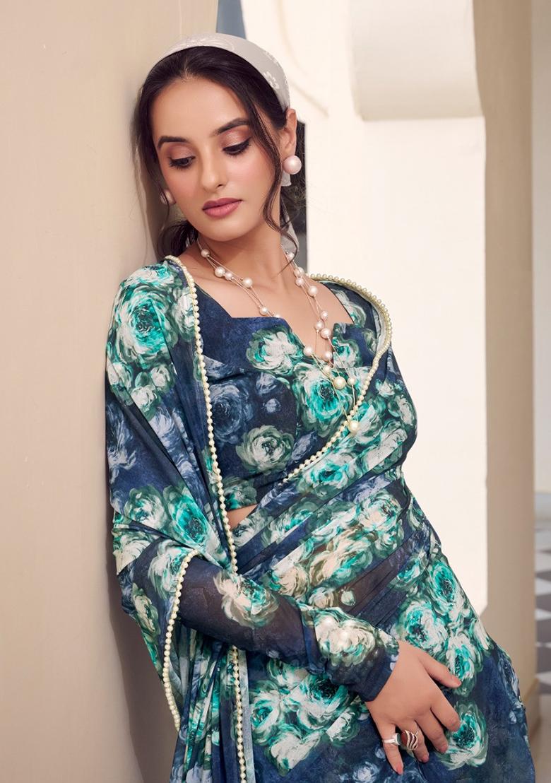 Blue Floral Georgette Saree Set - Indya