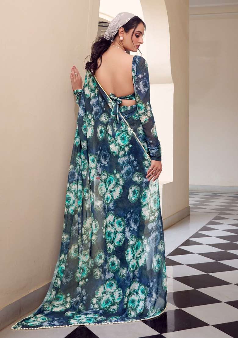 Blue Floral Georgette Saree Set for Diwali | Wedding & Festive Wear - Indya