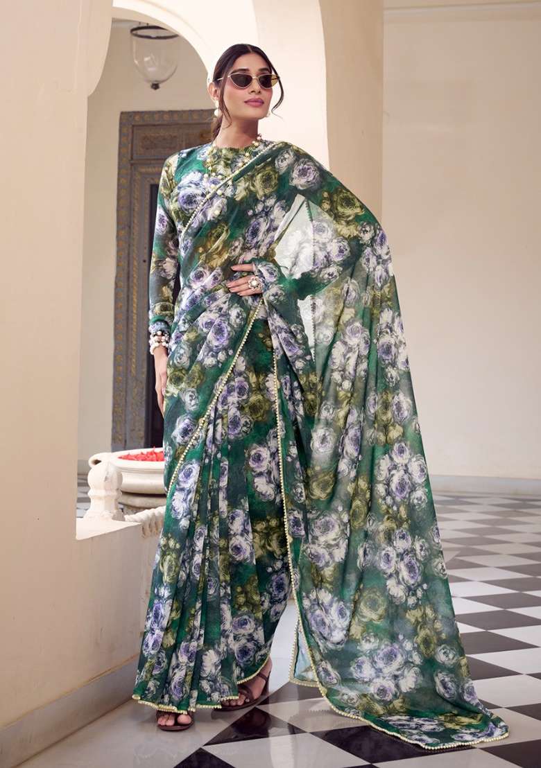 Green Floral Georgette Saree Set for Diwali and Festive Wear - Indya