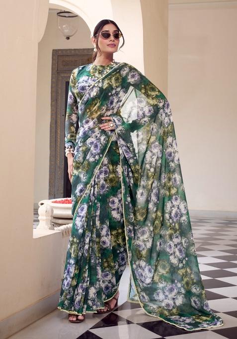 Green Floral Georgette Saree Set