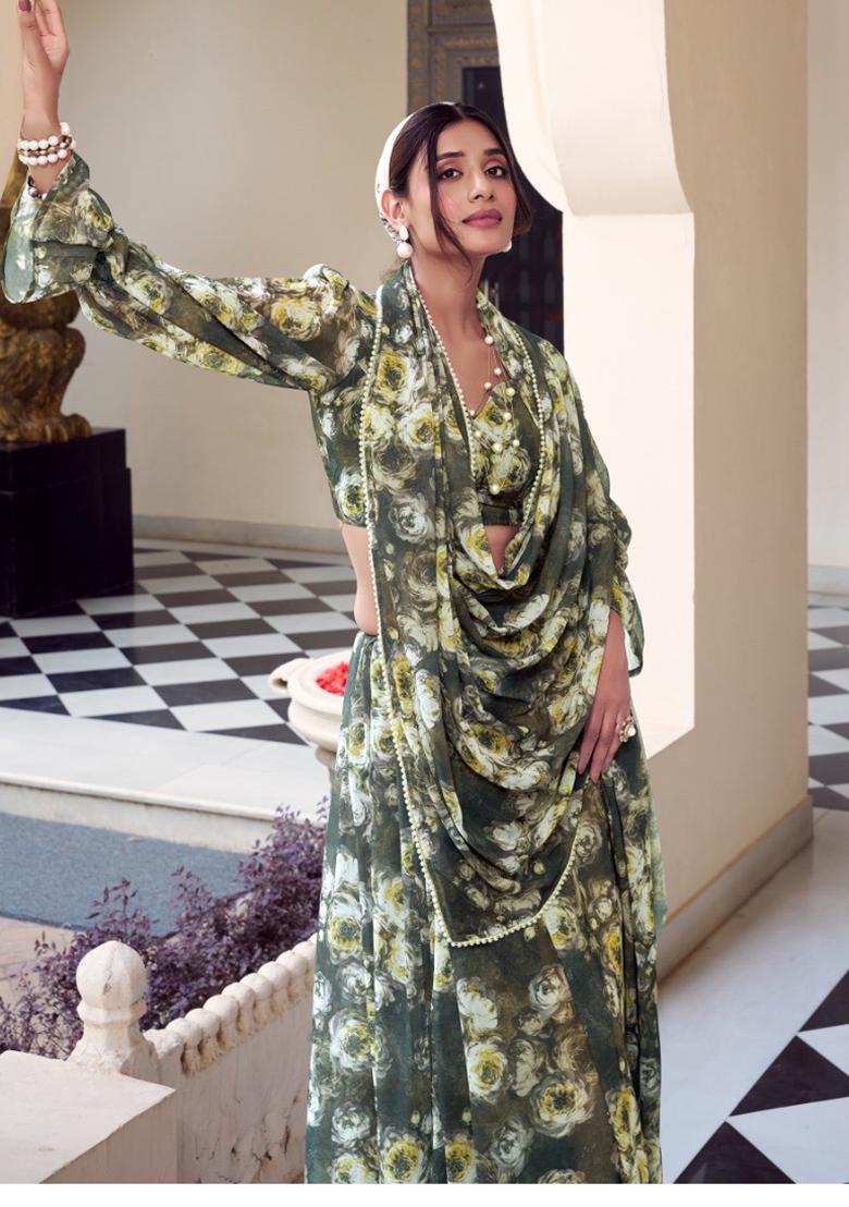 Mehendi Green Floral Georgette Saree Set - Indya