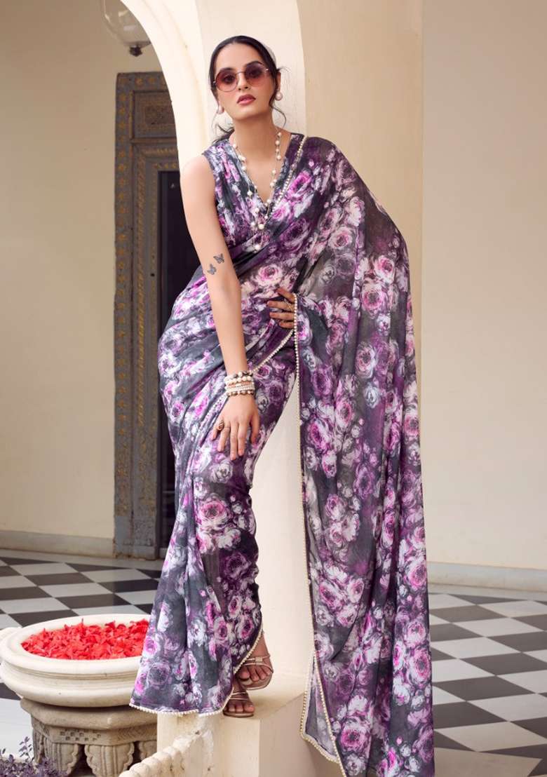 Wine Floral Georgette Saree Set for Diwali and Festive Wear - Indya