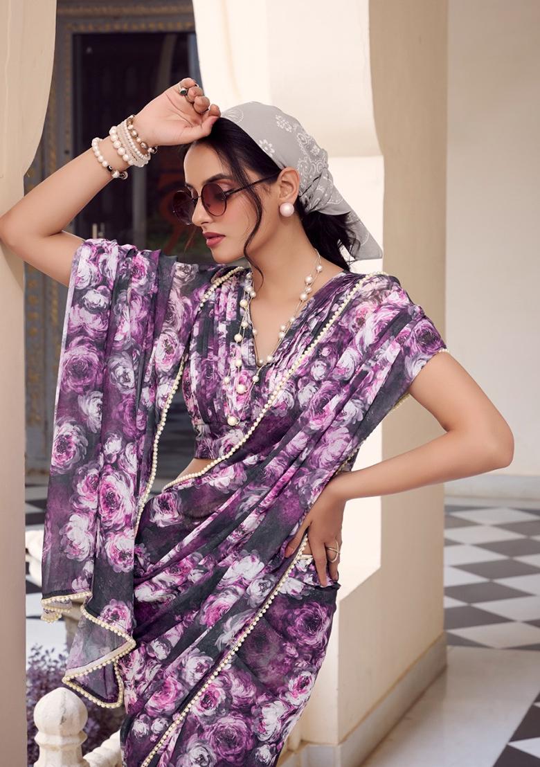 Wine Floral Georgette Saree Set - Indya