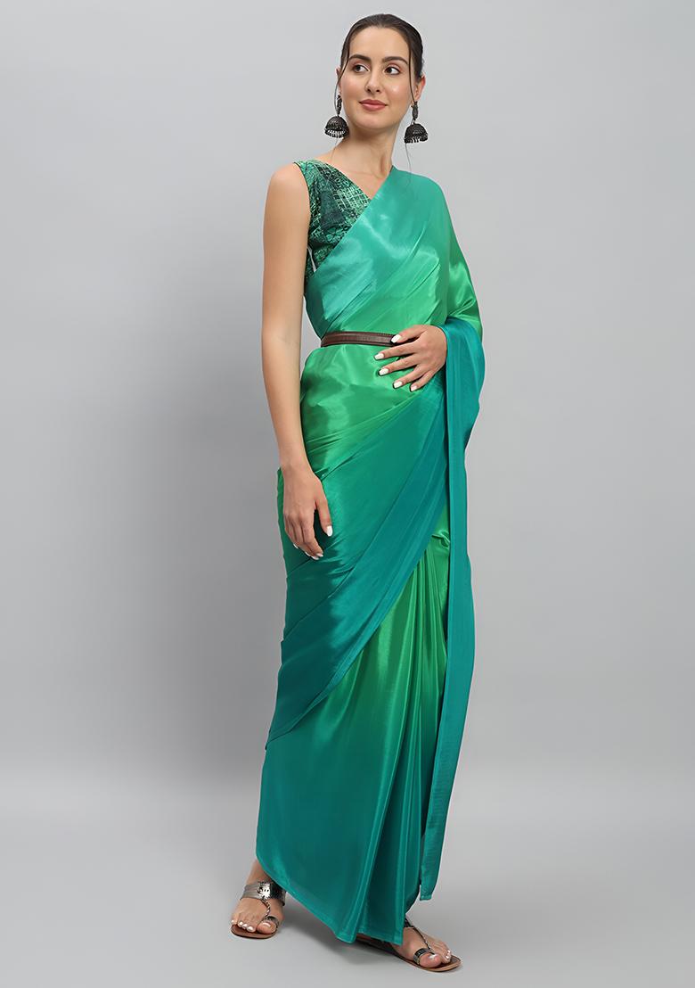 Green Solid Chinon Saree Set - Indya
