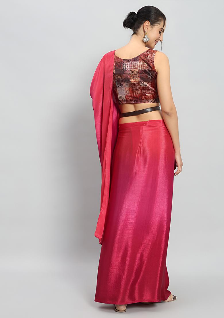 Pink Solid Chinon Saree Set - Indya
