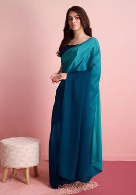 Teal Blue Solid Chinon Saree Set