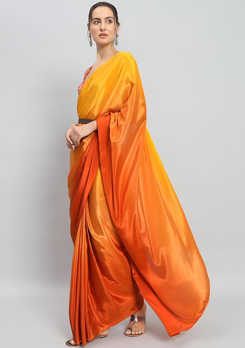 Yellow Solid Chinon Saree Set - Indya