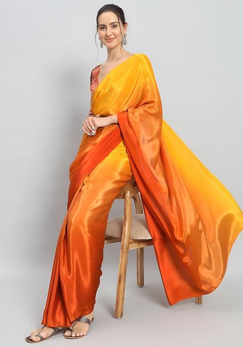 Yellow Solid Chinon Saree Set